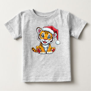サンタハットを着た愛らしい漫画の虎の子 ベビーTシャツ