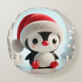 サンタハットを着た陽気なマンガペンギン ラウンドクッション