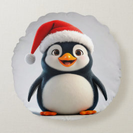 サンタハットを着た陽気なマンガペンギン ラウンドクッション