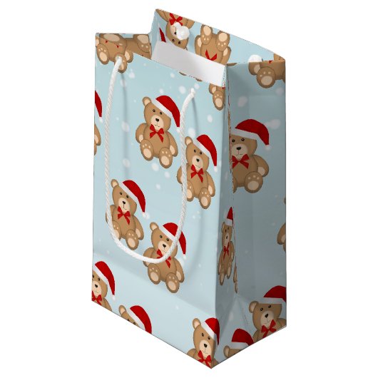 サンタハットを着た青い雪のクリスマステディベア スモールペーパーバッグ (正面アングル)