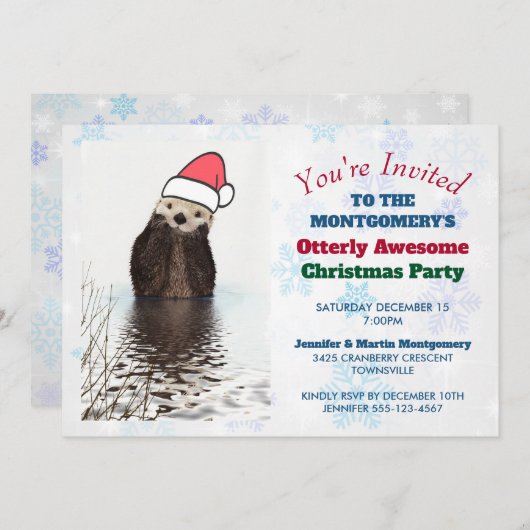 サンタハットを美しく身に着けたかわいい素晴らしカワウソ 招待状 (正面/裏面)
