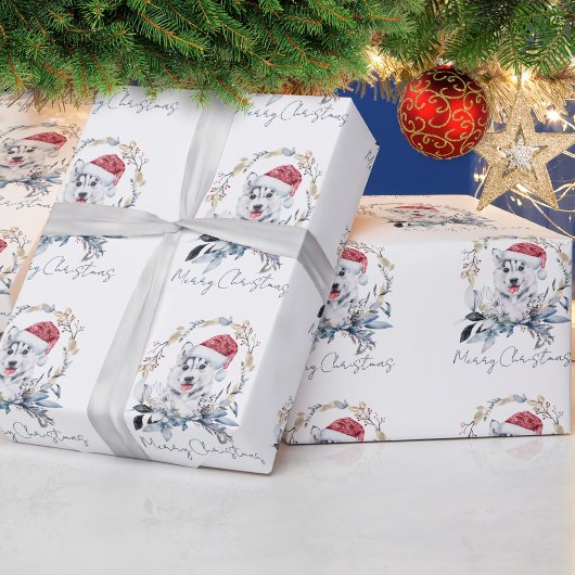 サンタハットを被ったハスキーの犬のクリスマス ラッピングペーパー