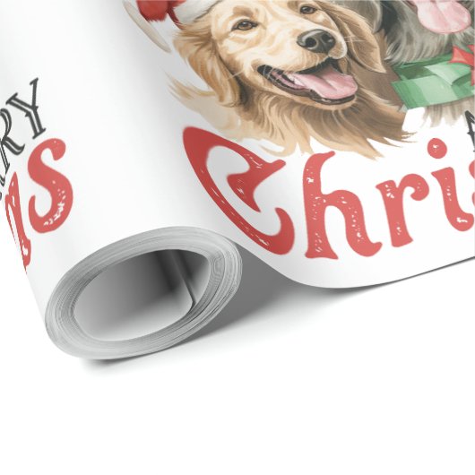 サンタハットを被って愉快なクリスマス犬を迎え上げる ラッピングペーパー (ロールコーナー)