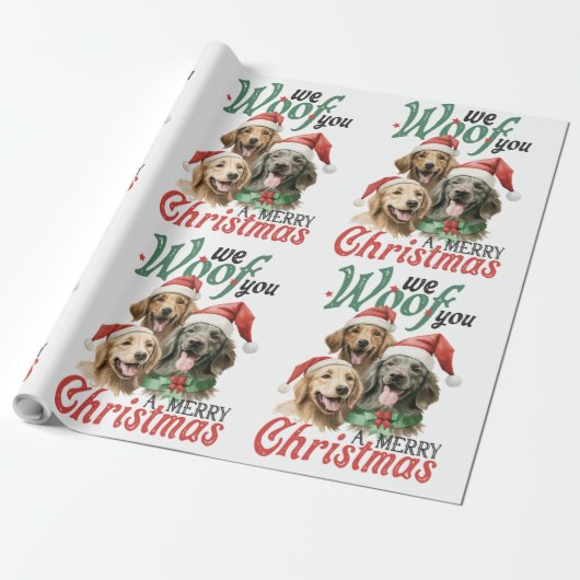 サンタハットを被って愉快なクリスマス犬を迎え上げる ラッピングペーパー (アンロールド)