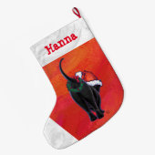 サンタハットを赤に塗ったかわいい黒猫 ラージクリスマスストッキング (裏面 (吊り時))