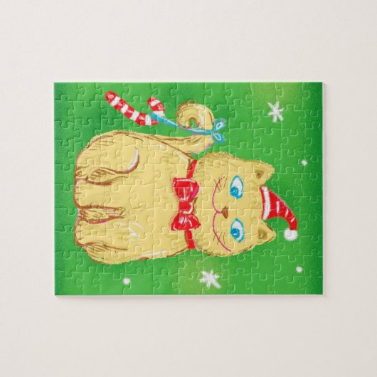 サンタハットを飾ったかわいいマンガのクリスマス猫 ジグソーパズル (横)