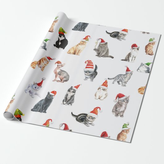 サンタハットを飾ったかわいいメリークリスマス猫 ラッピングペーパー (アンロールド)
