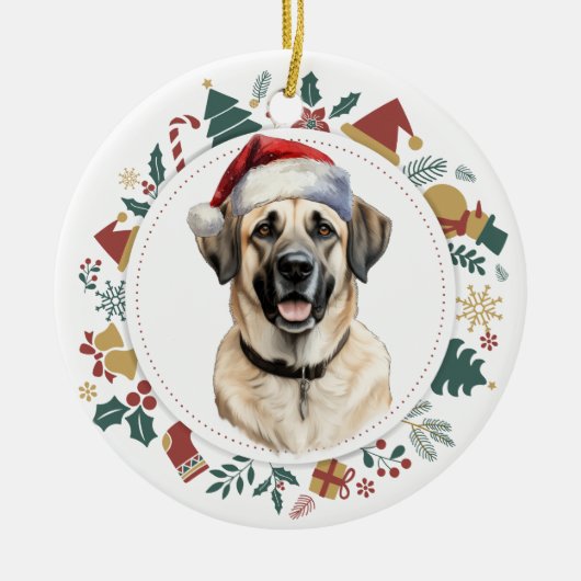 サンタハットアナトリアンシェパードドッグクリスマスリース セラミックオーナメント (正面)