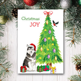 サンタハットアラスカンマラムートドッグアンドホリデーツリー シーズンカード