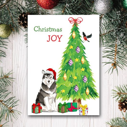 サンタハットアラスカンマラムートドッグアンドホリデーツリー シーズンカード