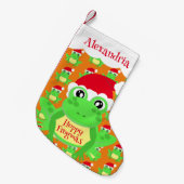 サンタハットオレンジカエル漫画のパターン名ノベルティ スモールクリスマスストッキング (正面 (吊り時))
