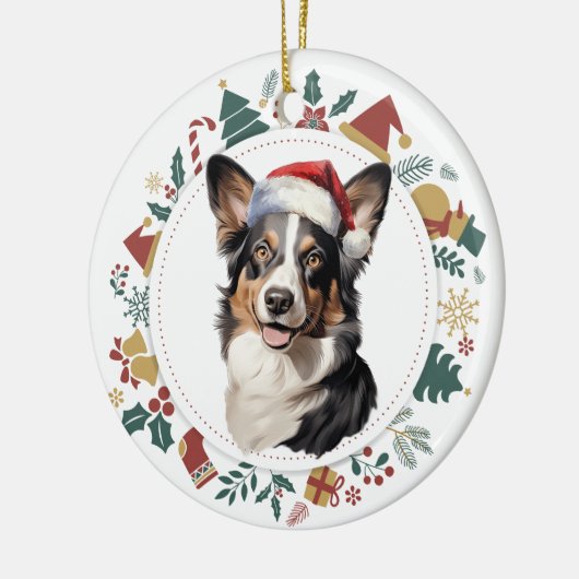 サンタハットカーディガンウェルシュコーギークリスマスリース セラミックオーナメント (左)