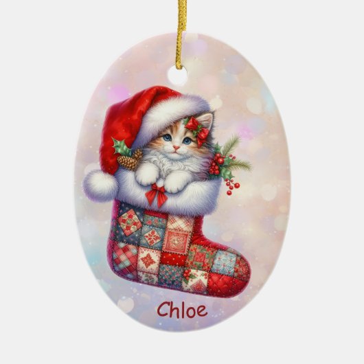 サンタハットキットインストッキング孫娘 セラミックオーナメント (正面)