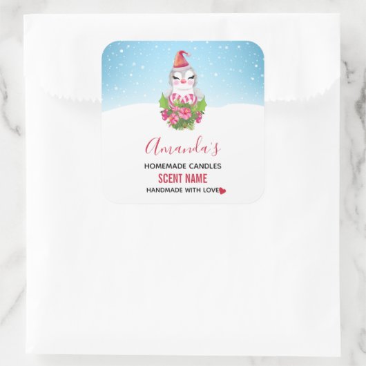 サンタハットキャンドルの可愛いクリスマスペンギン スクエアシール (バッグ)