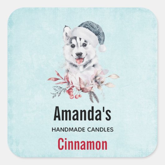 サンタハットキャンドルビジネスのクリスマスハスキー犬 スクエアシール (正面)