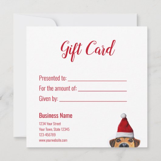 サンタハットギフトカードを持つ好奇心に満ちた可愛いおもしろい犬 (裏面)
