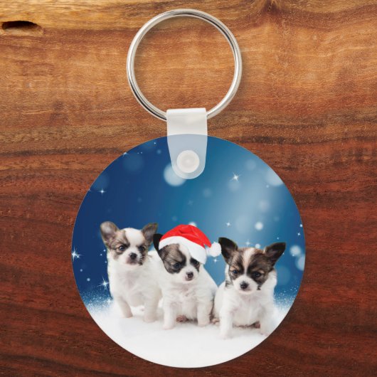サンタハットクリスマスと可愛いチワホアパピス キーホルダー (正面)