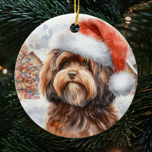 サンタハットクリスマスと茶色のハバニーズ犬 セラミックオーナメント
