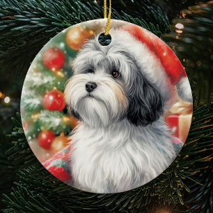 サンタハットクリスマスにハバニーズの犬 セラミックオーナメント