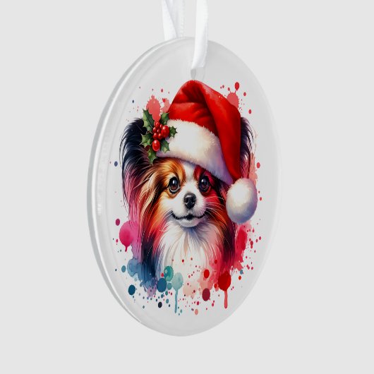 サンタハットクリスマスにパピロンパーソナライズされた犬 オーナメント (正面)