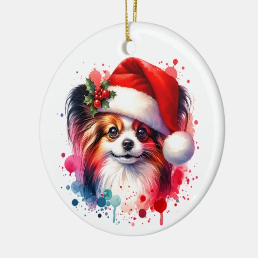 サンタハットクリスマスにパピロンパーソナライズされた犬 セラミックオーナメント (左)