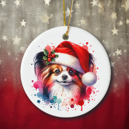 サンタハットクリスマスにパピロンパーソナライズされた犬 セラミックオーナメント
