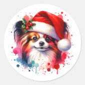 サンタハットクリスマスにパピロン犬 ラウンドシール (正面)
