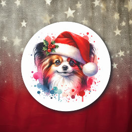 サンタハットクリスマスにパピロン犬 ラウンドシール
