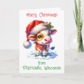 サンタハットクリスマスにパーソナライズされたかわいい牛 シーズンカード (正面)