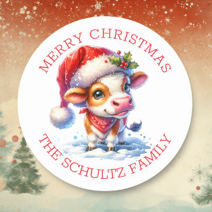 サンタハットクリスマスにパーソナライズされたかわいい牛 ラウンドシール