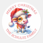 サンタハットクリスマスにパーソナライズされたかわいい牛 ラウンドシール (正面)