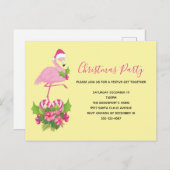 サンタハットクリスマスにピンクのフラミンゴお洒落 インビテーションポストカード (正面/裏面)