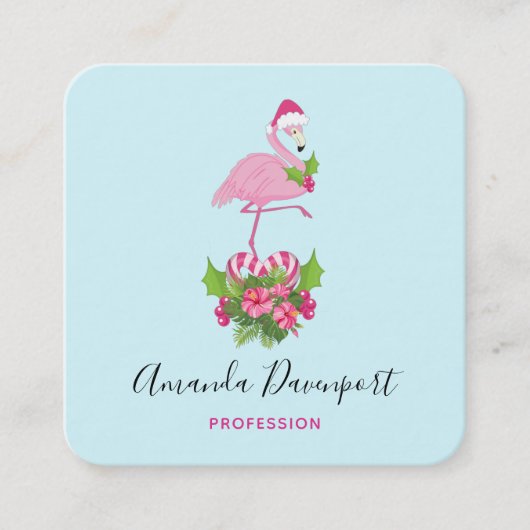 サンタハットクリスマスにピンクのフラミンゴお洒落 スクエア名刺 (正面)
