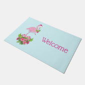 サンタハットクリスマスにピンクのフラミンゴお洒落 ドアマット (アングル)