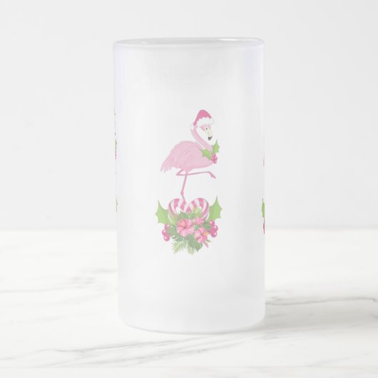 サンタハットクリスマスにピンクのフラミンゴお洒落 フロストグラスビールジョッキ (中央)
