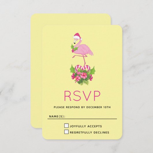 サンタハットクリスマスにピンクのフラミンゴお洒落 出欠カード (正面/裏面)