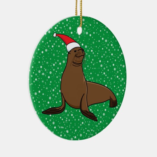 サンタハットクリスマスに訪れたいアシカ セラミックオーナメント (右)