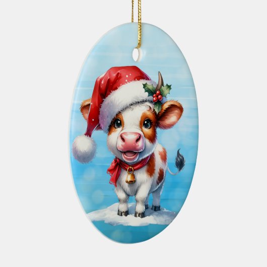 サンタハットクリスマスの漫画パーソナライズされた牛 セラミックオーナメント (右)