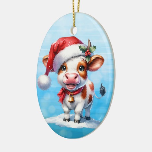 サンタハットクリスマスの漫画パーソナライズされた牛 セラミックオーナメント (左)