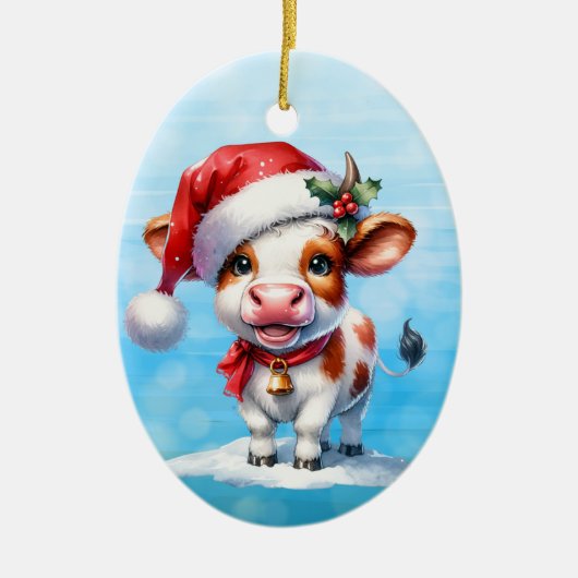 サンタハットクリスマスの漫画パーソナライズされた牛 セラミックオーナメント (正面)