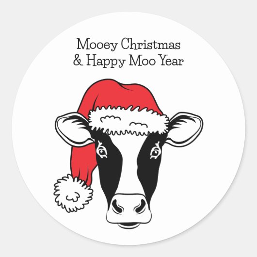サンタハットクリスマスの白黒のおもしろい牛 ラウンドシール (正面)