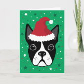 サンタハットクリスマスを着たボストンテリア犬 カード (正面)