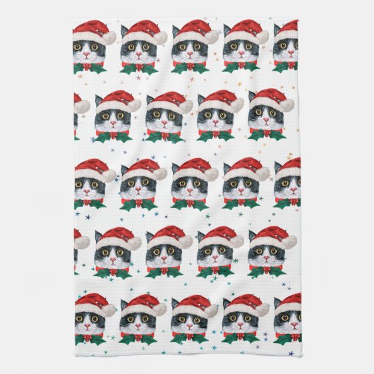 サンタハットクリスマスを迎えるかわいい黒猫 キッチンタオル (縦)