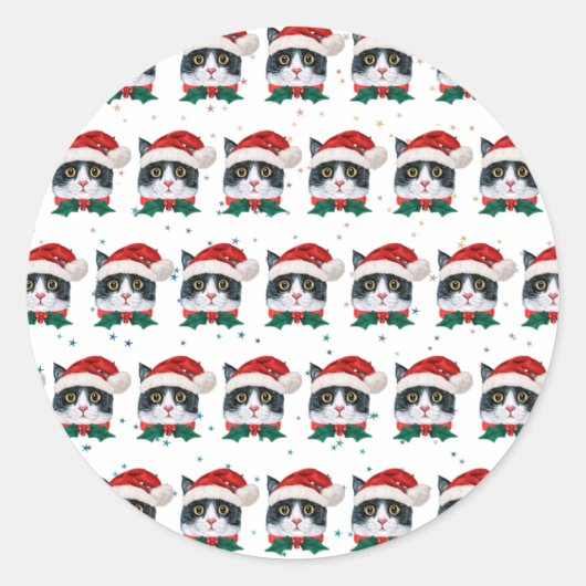 サンタハットクリスマスを迎えるかわいい黒猫 ラウンドシール (正面)