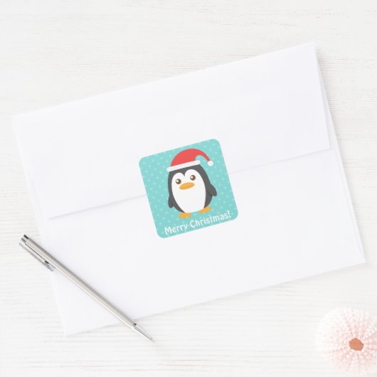 サンタハットクリスマスを飾った可愛いリトルペンギン スクエアシール (封筒)
