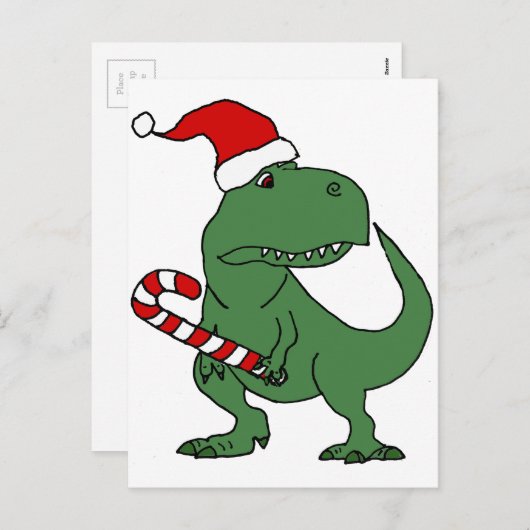 サンタハットクリスマスアートの可愛いTレックス恐竜 シーズンポストカード (正面/裏面)
