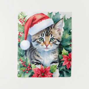 サンタハットクリスマスアートの子猫 タペストリー