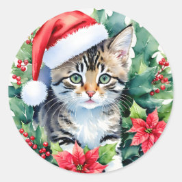 サンタハットクリスマスアートの子猫 ラウンドシール