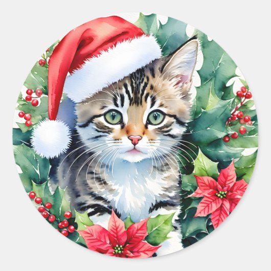 サンタハットクリスマスアートの子猫 ラウンドシール (正面)