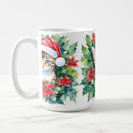 サンタハットクリスマスウォーターカラーアートの子猫 コーヒーマグカップ (左)